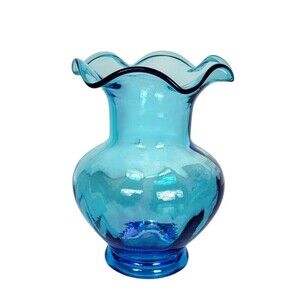 Vintage MCM Aqua Turquoise Blue Ribbed Glass Ruffled Rim Flower Vase 7.5"